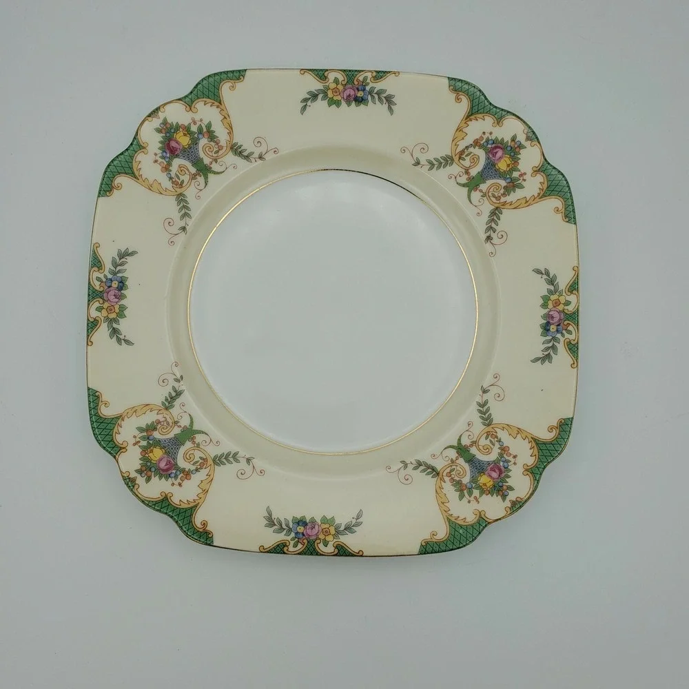 Gebruder Benedikt Czechoslovakia Bread Plate Gilt‎ Green Border Floral Basket 7